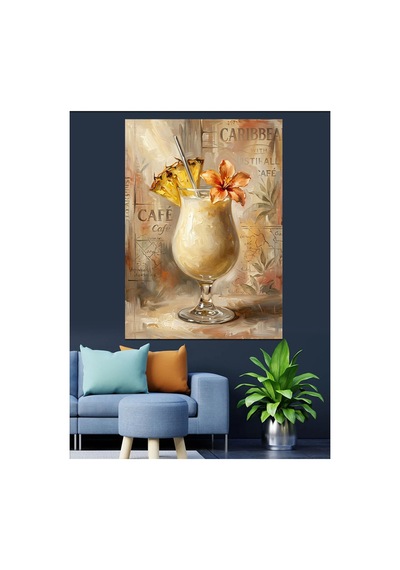 Egzotik Çiçekli Meyve Kokteyl Bardağı Yağlı Boya Dokulu Kanvas Tablo Canvas Tablosu
