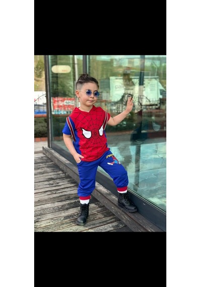 Erkek Çocuk Spiderman Baskılı Kapşonlu Çantalı Üçlü Takım Mavi