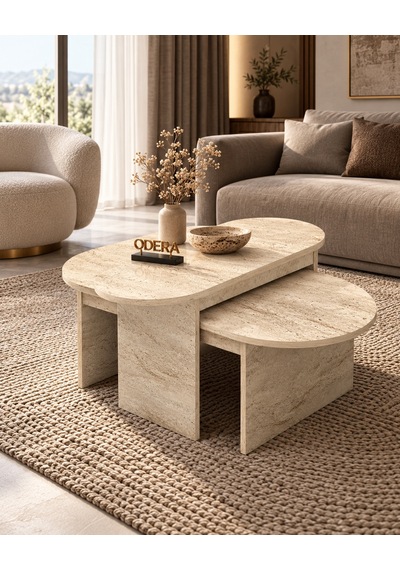 Odera Setro Ekru Traverten Desenli Oval Orta Sehpa 2'li Set İskandinav Retro Salon Sehpası Diğer Odera Setro Ekru Traverten Desenli Oval Orta Sehpa 2'li Set İskandinav Retro Salon Sehpası Diğer