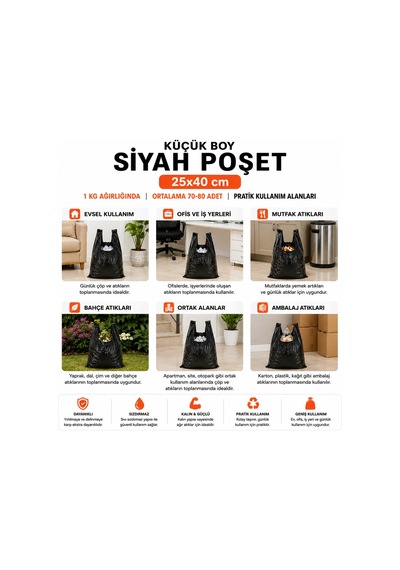 Siyah Atlet Market Manav Çöp Küçük Boy Poşet 1 KG Dayanıklı Sızdırmaz Ev ve İş Yeri Çöp Torbası