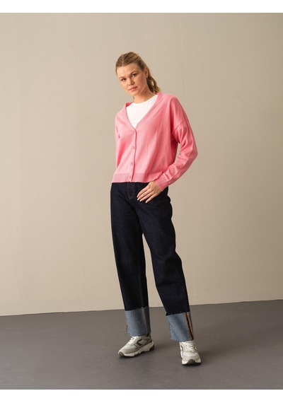 Xint Pembe Slim Fit Açık V Yaka Pamuk Hırka 850832