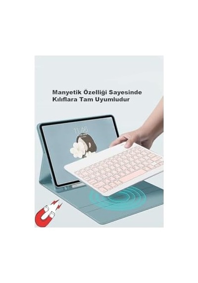 Mk-4 Kablosuz Ergonomik Apple-android-windows Manyetik Tablet Kılıf Uyumlu Klavye Mouse Kiti Türkçe Q Klavye Pembe
