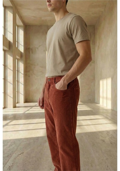 Little Cup Jeans Co Erkek Baggy Fit Rahat Kalıp Kiremit Kadife Pantolon
