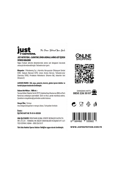 Just Nutrition L-carnitine 1000 Mg 1000 Ml 33 Servis Limon + 2 X L-karnitin Shot