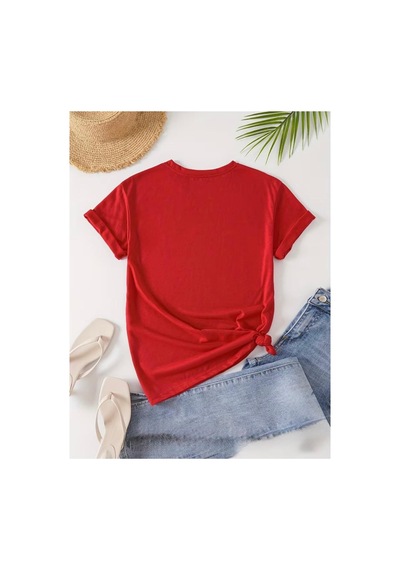 Herkesemoda Leopar Kaplan Baskı Detaylı Basic T-shirt Kırmızı