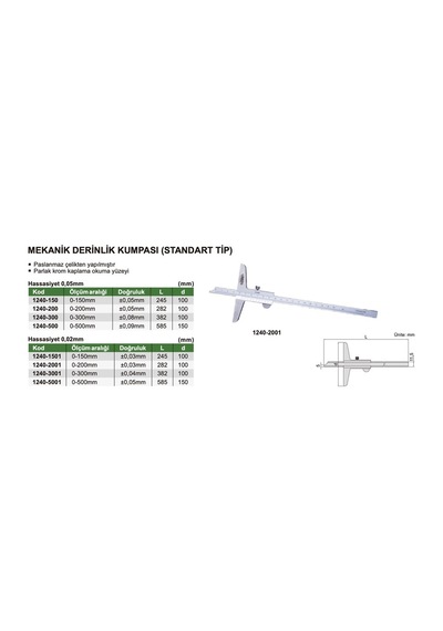 Insize 1240-150 Mekanik Derinlik Kumpası (Standart Model)