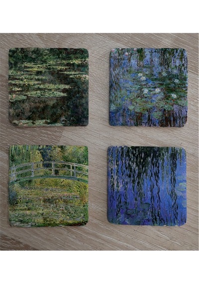 Claude Monet Eserleri Doğal Taş Bardak Altlığı 4'lü Set - Natural Stone Coasters - Taş Çok Renkli