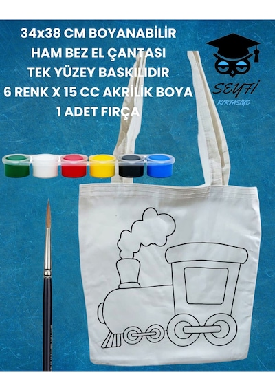 34x38 Cm Boyanabilir Ham Bez El Çantası Tek Yüzey Baskılıdır 6 Renk X 15 Cc Akrilik Boya 1 Fırça Tren