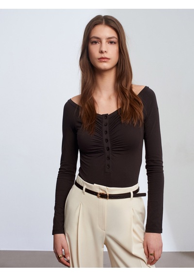 Dilvin 32661 Düğme Detaylı Bodysuit-koyu Kahve Koyu Kahve