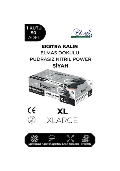 Nitril Siyah Power Muayene Eldiveni Xl - 1 Paket 50 Li