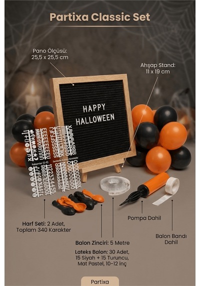 Cadılar Bayramı Halloween Süsleme Classic Set Siyah Keçe Yazı Panosu Standlı Pompa Balon Zincirli Çocuk