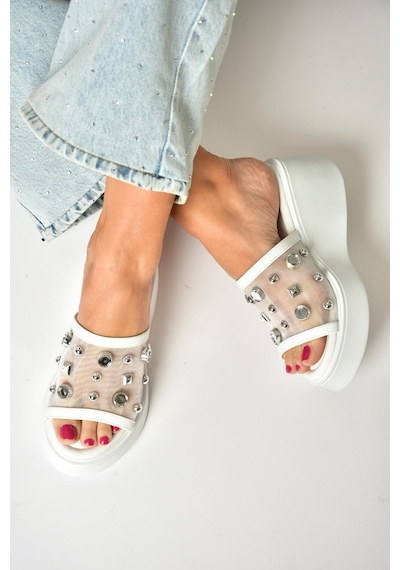 Fox Shoes U973622009 Beyaz Kalın Tabanlı Kadın Terlik Beyaz-suni Deri Beyaz