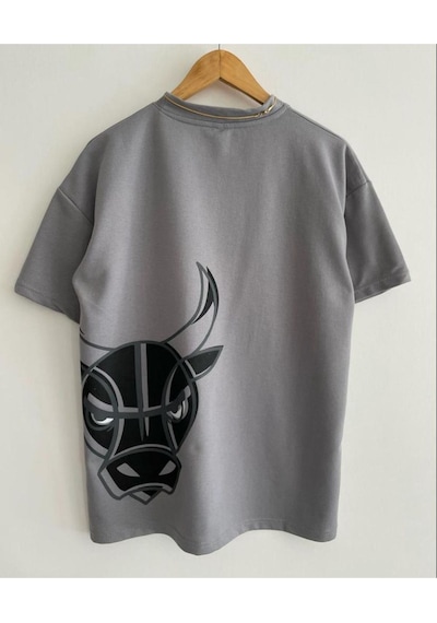Flood Of Style Erkek Gri Bulls Baskılı Oversize Bisiklet Yaka T-shirt