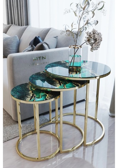 Ecol Desings Ecol Gold Metal Zigon Sehpa Yeşil Şimsek Siyah 'kırılmaz Cam' Gold Yeşil Siyah