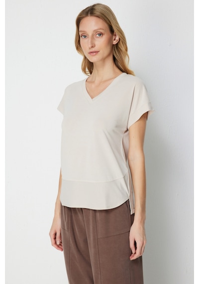 On Kadın V Yaka Parçalı T-shirt 71475 Taş