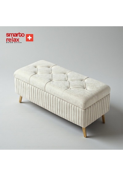 Smarto Relax Swiss Style Puf , Appenzell Kapitonesandıklı Puf, Babyface Kaplama, 110x40x45 Cm, Ahşap Ayaklı ,sandıklı Dekoratif Puf Bej Ekru