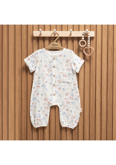 Tiffany Baby & Kids Tiffany Baby Müslin Sweet Theme Yarım Kol Kısa Tulum 60091 Ekru