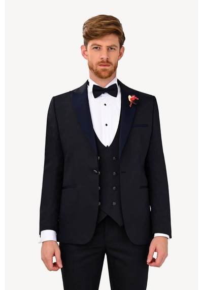 Ysf Erkek Lacivert Slim Fit Yelekli Çıkma Şal Yaka Damatlık