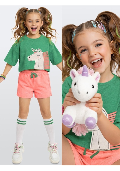 Denokids Unicorn Kız Çocuk Havlu Şort T-shirt Takım Çok Renkli