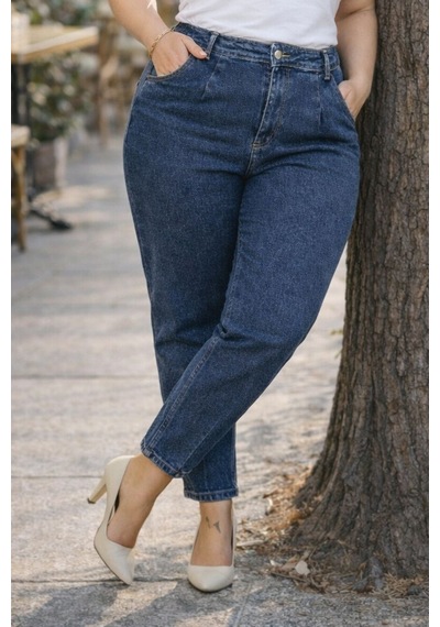 Cedy Denim Mom Fit Jean Büyük Beden Yüksek Bel Carrot Kesim Dar Paça Pileli Esnek Kot Pantolon C600 Mavi