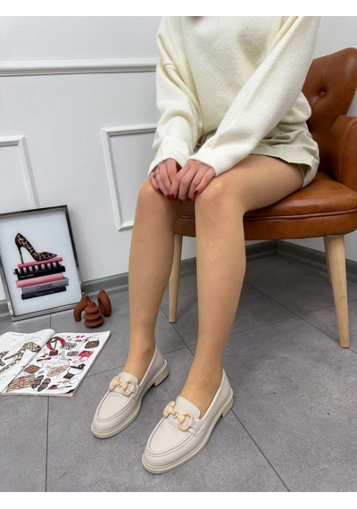 Bej Cilt Fiona Toka Detay Ortopedik Taban Kadın Loafer-5188 Bej