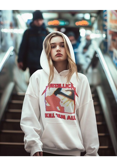 Sevbano Metallica Kill 'em All Yazılı Unisex Oversize Rock Metal Grubu Ho Beyaz