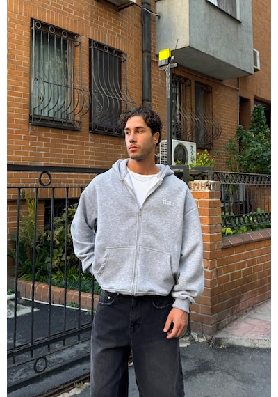 Flaw Nakışlı Zip Hoodie Gri Melanj Gri Melanj