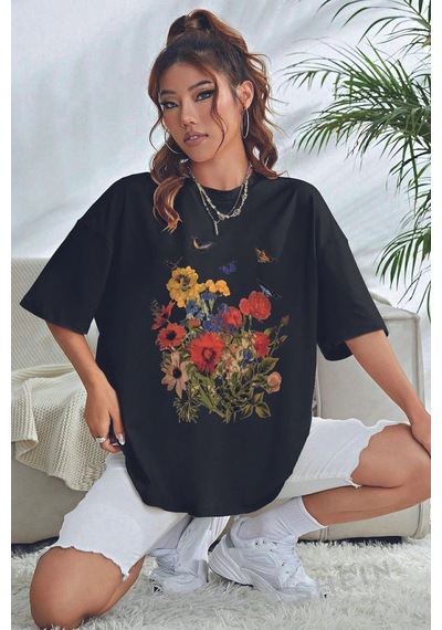 Startmore Unisex Flowers Baskılı Oversize Siyah
