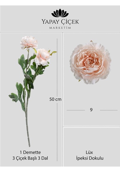 Somon Yapay Ranunculus Şakayık Çiçeği 3 Dallı Lüx İpeksi Dokulu 50 Cm