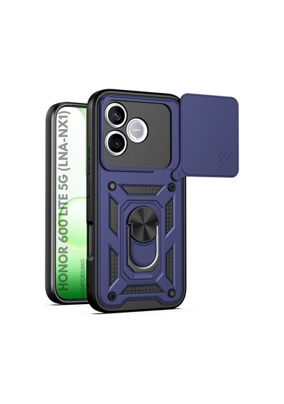 Honor 600 Lite 5g Uyumlu Tank Kılıf Yüzüklü Standlı Extra Koruma Zırhlı Outdoor Kapak Lacivert
