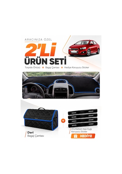 E-biz Chevrolet Aveo T300 2011-2015 Uyumlu Torpido Örtüsü + Deri Çanta - Siyah-mavi - Ch009