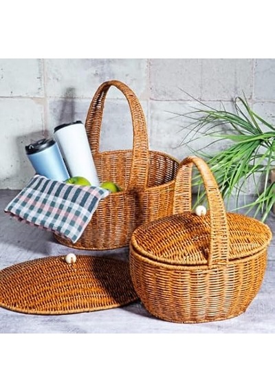 Wicker Serisi Hasır Örme 2'li Piknik Sepeti Çok Renkli