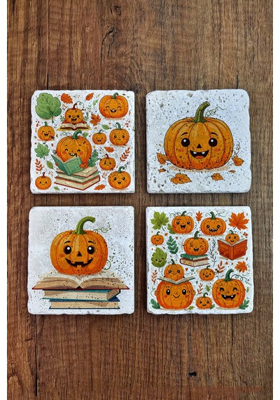 Doğal Taş Bardak Altlığı - Pımpkin Baskılı 10x10cm Stone Coasters 487 Çok Renkli