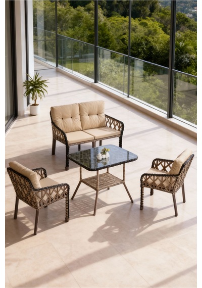 Lumisgarden Neva Rattan Bahçe Takımı 2+1+1 +masa Kahverengi