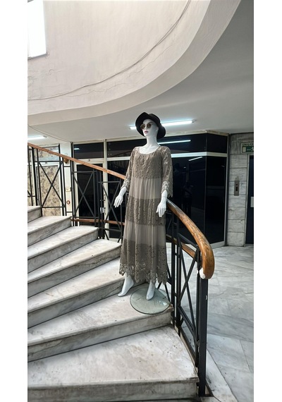 Eren Style İtalyan Sunshine İpek Detaylı Dantelli Elbise-9033 Vizon