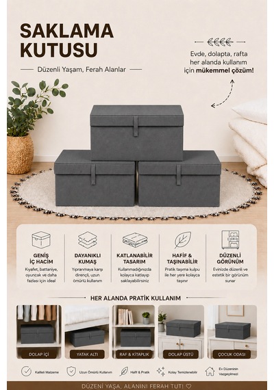 6'lı Organizer Baza Hurç Seti - Çok Amaçlı Kapaklı Saklama Kutusu 50x40x19cm Antrasit