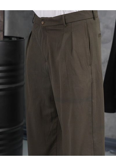 Modefendi Baggy Kalıp Pile Detaylı Kumaş Pantolon Haki