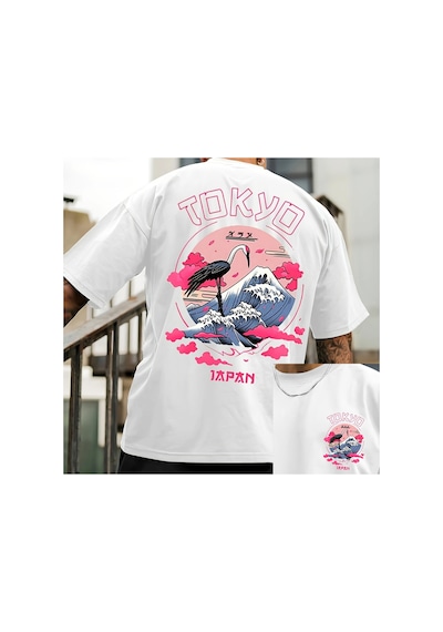 Caddemia Yaz Moda Rahat Gevşek Tokyo Rahat Desen Baskılı Yuvarlak Yaka Kısa Kollu T Beyaz 2XL