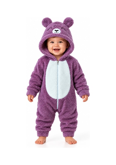 Kız Erkek Bebek Welsoft Peluş Tulum Kapüşonlu Fermuarlı Kışlık Bebek Tulumu Ayıcık Desenli Yumuşak Polar Tulum Mor