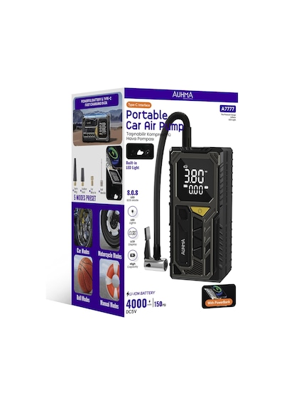 Auhma A7777 Taşınabilir Araç Lastik Hava Pompası 4000mah 150 Psı Dijital Ekranlı Kompresör Type-c