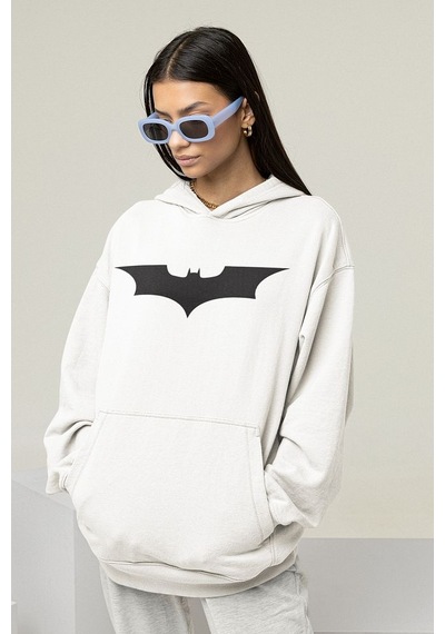 Sevbano Batman Logo Baskılı Unisex Oversize Dc Karakter Hoodie Beyaz