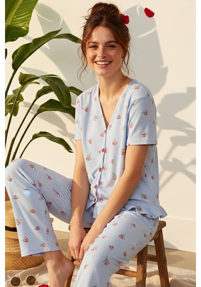 Siyah İnci Bürümcük-krınkıl Kısa Kollu Düğmeli Örme Pijama Takım 26120526 mavi