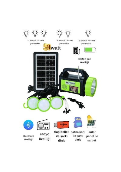 Powerdex Pd-9090 Cob Ledli Solar Şarjlı El Feneri Yeşil - Siyah