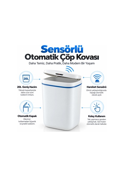 20 Litre Sensörlü Temassız Otomatik Çöp Kovası Beyaz