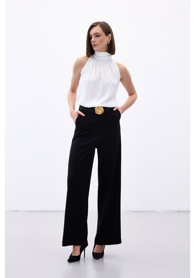 Sateen Palazzo Krep Pantolon - Siyah-136704 siyah