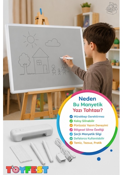 Manyetik Sihirli Yazı Tahtası Silinebilir Eğitim Çizim Yazı Panosu Type-c Şarjlı 76 Cm Beyaz