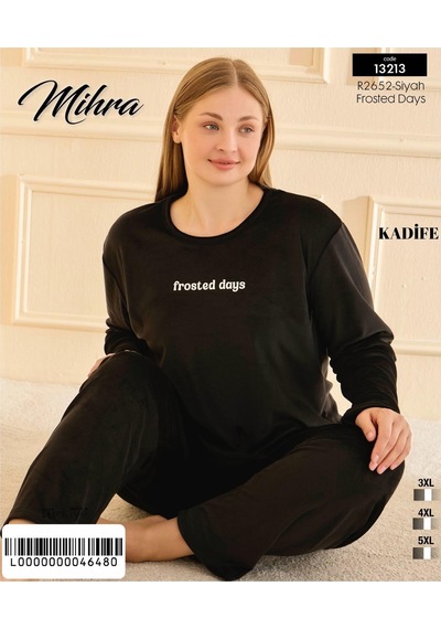 Mihra Kadın Kışlık Bisiklet Yaka Kadife Battal Pijama Takımı 13213s - 1 Adet Siyah