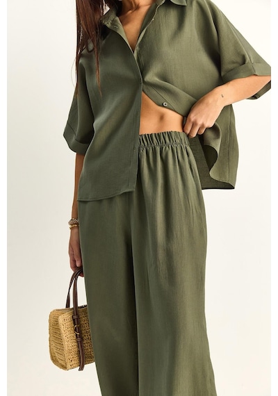 Shade Kadın Oversize Kısa Kol Gömlek Beli Lastikli Geniş Paça Pantolon Takım 7651 60286138 - Haki