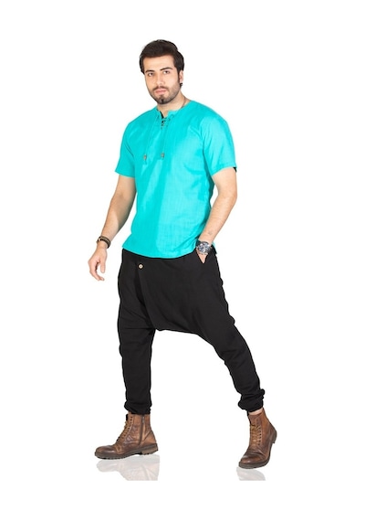 Kısa Kol Şile Bezi Zımbalı Erkek Tshirt Turkuaz 3054