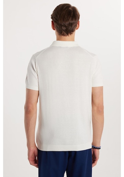 Tudors Erkek Slim Fit Dar Kesim Pamuklu Örme Triko Fermuarlı Beyaz Polo Yaka Tişört-33177 Beyaz
